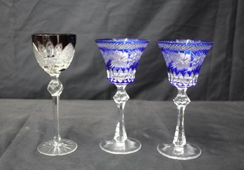 Bohemian Crystal Goblets - Set Of 3, Cobalt Blue & Ruby Red