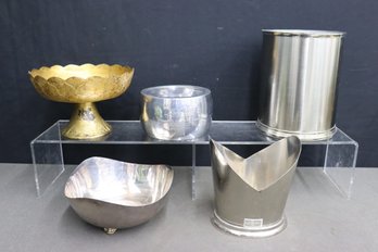 Group Of 5 Decorative Metal Pedestal Bowl, Waste Basket Bins, And Accent Objects