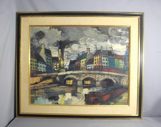 'Harbor & Canal Scene' By M. Edward Griff - Vintage Oil On Canvas