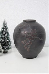 Japanese Patinated Vine And Berry Relief Bronze-tone Vase