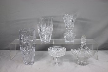 Group Lot Of 5 Vintage Cut Glass And Crystal Vases, Compote, And Basket Including 1 Marquis By Waterford