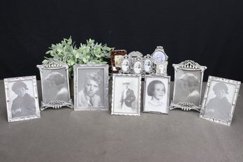 Group Lot Of Vintage Portrait Photographs And Small Decorative Metal Frames