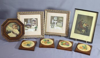 Group Lot Of 4 Frames With Pictures & 4 Decorated Wood Coasters