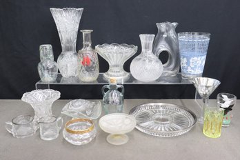 Variety Grouping Of Vintage Glass: Pressed, Patterned, Cut, And Colored Vessels And Forms
