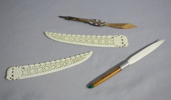 Group Lot Of 4 Vintage Asian-theme Paper Knives - 1 Has Quill Nib For Writing