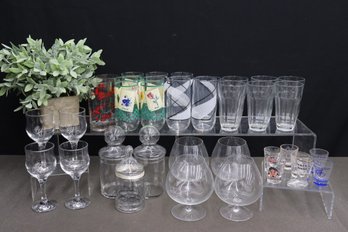 Super Diverse Glassware Lot: Wine Goblets, Snifters, Shot Glasses, Colorful Geometric Highballs And More