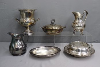 Group Lot Of Silver Plate Pitchers, Covered Bowls, Etc
