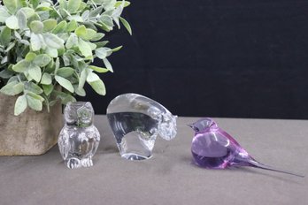 Group Of 3 Clear And Tinted Crystal Wildlife Figurines