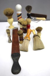 Collection Of Antique Badger Shaving Brushes & Leather Strop