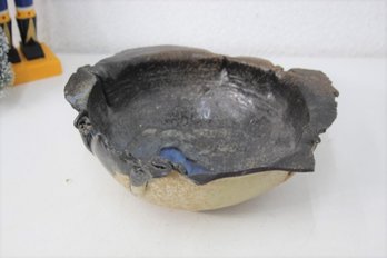 Hand-formed Salt-Glazed Cauldron Bowl - Lapis Swoop Through Ebony Glaze Inside Marked On Bottom