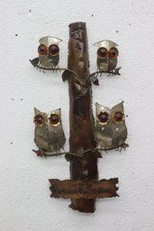 Metal Owl Sign Hong Kong Enesco VTG 1976 Mid Century 'Welcome To Our Home' Art