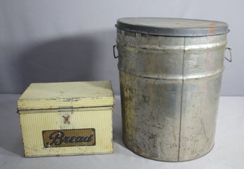 'Vintage Charm: Rustic Tin Bread Box And Large Metal Waste Can'