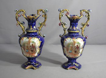 Pair Of Majolica Style Porcelain Vintage Vases With Roman Portrait Transferware-damage