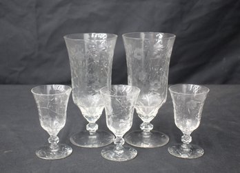 Collection Of Vintage Etched Floral Crystal Glasses