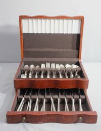 Group Lot Of Vintage Stainless Flatware In Wood Storage Box