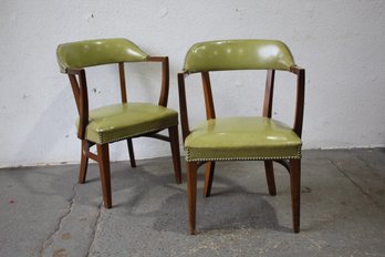 Pair Of Vintage Olive Green Upholstered Armchairs With Nailhead Trim