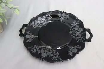 Black Amethyst And Silver Overlay Glass Cake Plate