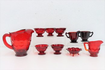 Super Lot Of Depression Glass: RedRuby Georgian Pitcher, Coupes AND Royal Ruby Creamer/Sugar, Taper Holder