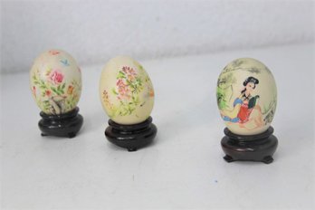 3 Delicate Vintage Asian Hand Painted Eggs & Stands