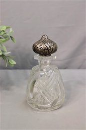 Cut Glass Crystal Squat Sunburst Decanter With Pewter Blossom Finial