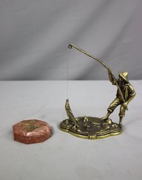 Brass Fishman Statue And A Stone With Two Brass Lizards On Top