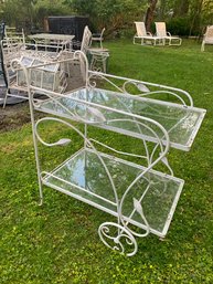 White Painted Wrought Iron Glass  Top Tea Serving Cart