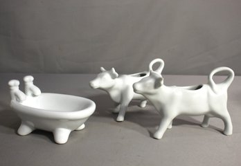 Collection Of Porcelain Bull And Cow Creamers And White Soap Dish