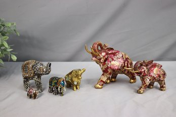 Group Lot Miniature Animal Figurines: 2 Cloisonne Elephants And 3 Beaded Elephants & 1 Nandi/Vahana Of Shiva