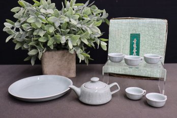 Traditional Asian Light Celadon Porcelain Tea Set With Box