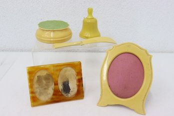 Vintage Celluloid Picture Frames, Yellow/Green Bakelite Powder Box, Shoe Horn, And Knickerbocker Minstrel Bell