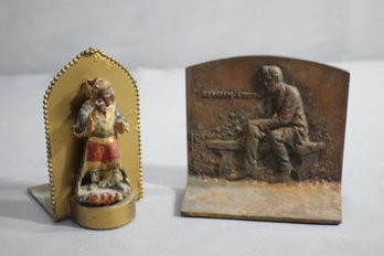 2 Vintage Mismatched Bookends Abraham Lincoln & Polychrome Asian Figurine