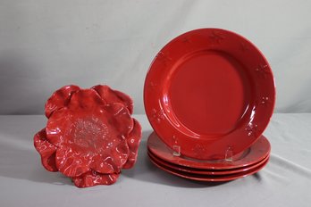 Studio B. Red Flower Bowl And 4 Birchwood Chalet Holiday Stoneware Plates