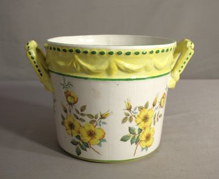 Vintage Hand-Painted Floral Ceramic Cachepot With Yellow And Green Accents