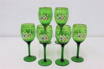 Group Of 6 Hand-Painted Green Wine Glasses With Floral Applique And Gold Stripes