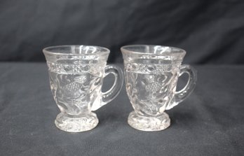 Set Of 2 Vintage Clear Glass Espresso Demitasse Cups With Embossed Leaf Pattern