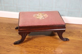 Vintage Amerian Empire Low Footstool With Sled Design Legs & Floral Needlepoint