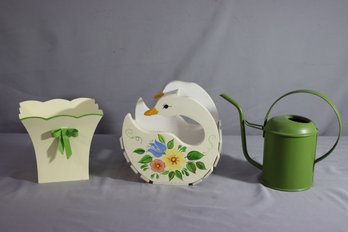 Vintage Hand Decorated Painted Napkin Holder, Planter, Watering Can