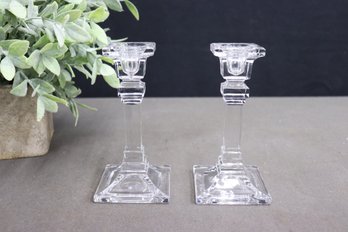 Vintage Pair Of Clear Crystal Glass Column Pedestal Candlestick Holders