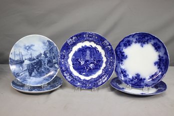 Group Lot Of 5 Assorted Vintage Flow Blue And Delft Blue Plates