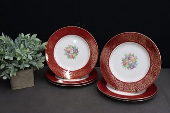 Six Homer Laughlin Burgundy & 22 Carat Gold Filigree Wide Border  Ivory China Chargers