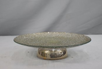 Mid-century  Gold Floral Textured Patterned Glass Cake Stand