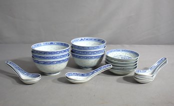 12 Porcelain White/Blue Design Transparent Rice Bowl & 8 Spoons