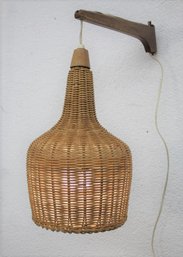 Danish Modern Swing Arm Wall Mount Teak And Wicker Pendant Lamp