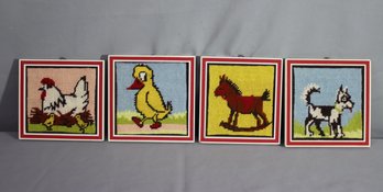 Group Of 4 Cute Animal Needlepoint Cross Stitch Framed Squares