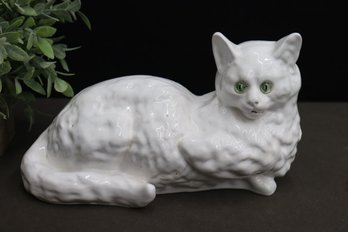 Pearly White Portuguese Ceramic Cat With Art Glass Button Eyes