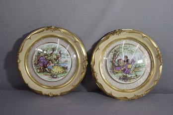 Pair Of Vintage Round Convex Glass Framed Prints  - 18th Century Courtship Scenes