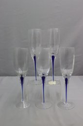 5pcs Kanco Champagne Glass Flute, Teardrop Tempest Cobalt Blue Colored Drip Stem On Glass
