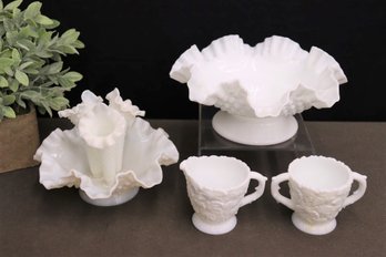 Group Lot Of Vintage Milk Glass: 3 Horn Flower Bowl Vase, Ruffle Bowl, Creamer/sugar