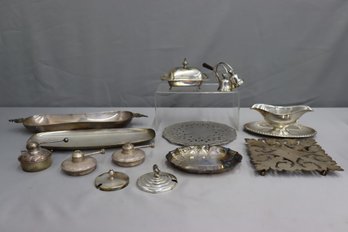 Group Lot Of Varied Silver Plated And Other Metal Tabletop And Serving Items