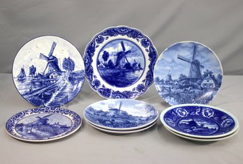 Group Lot Of 8 Assorted Delft's Blauw Windmill Pictorial Plates Handmade In Holland